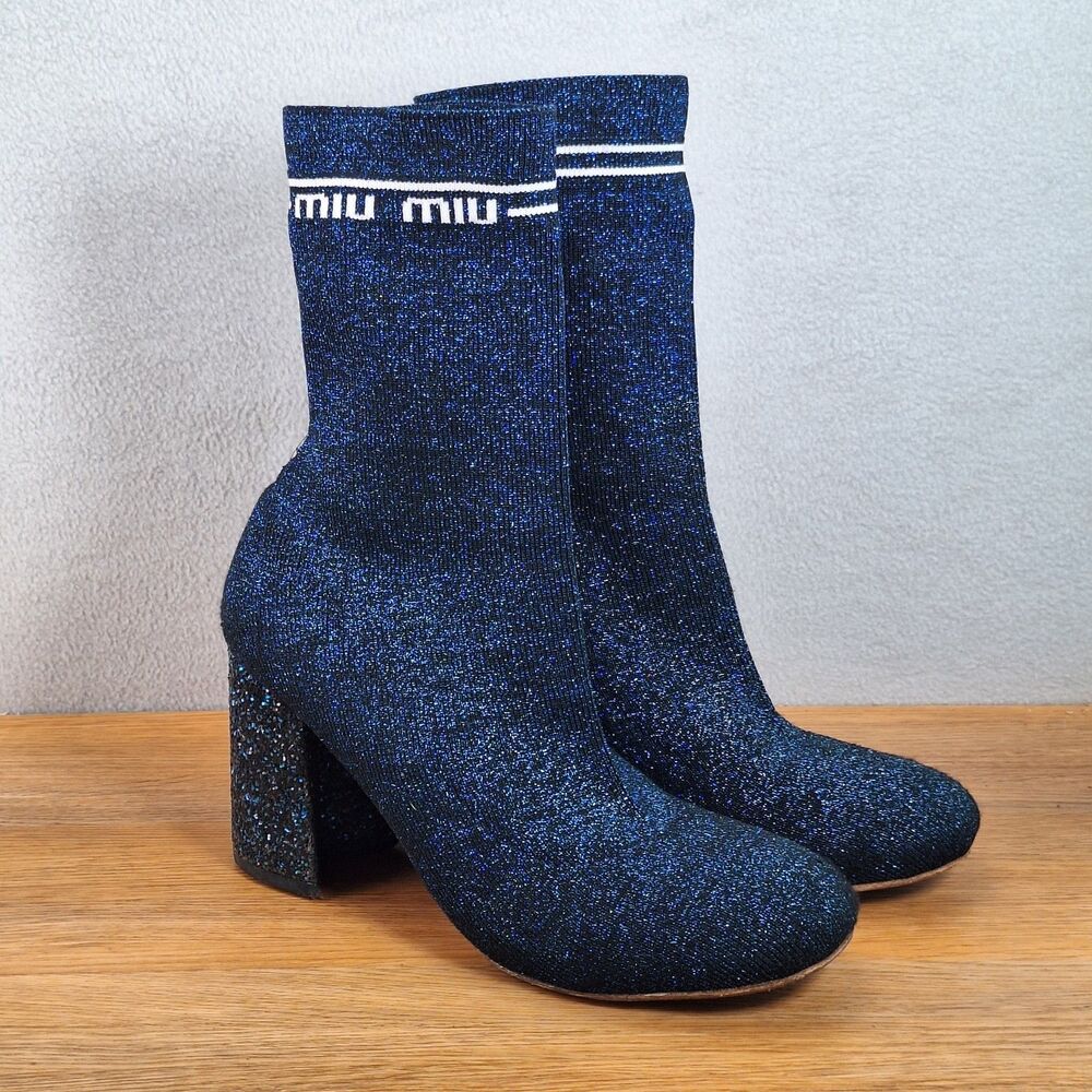 Miu Miu Glitter Heel Sock Boots Women's US 7 EU 37 Blue Green Block Heel Sparkle